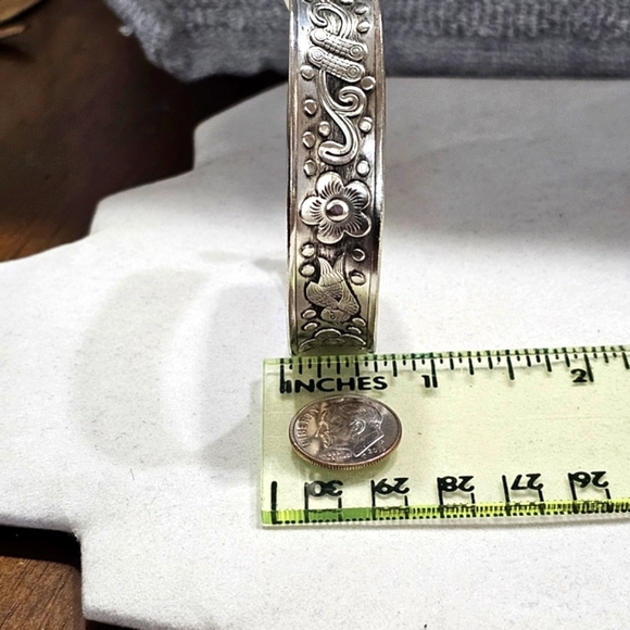 Floral Bird Cuff Bracelet Artisan-Created White Copper and Zinc Oxidized - Picture 7 of 11